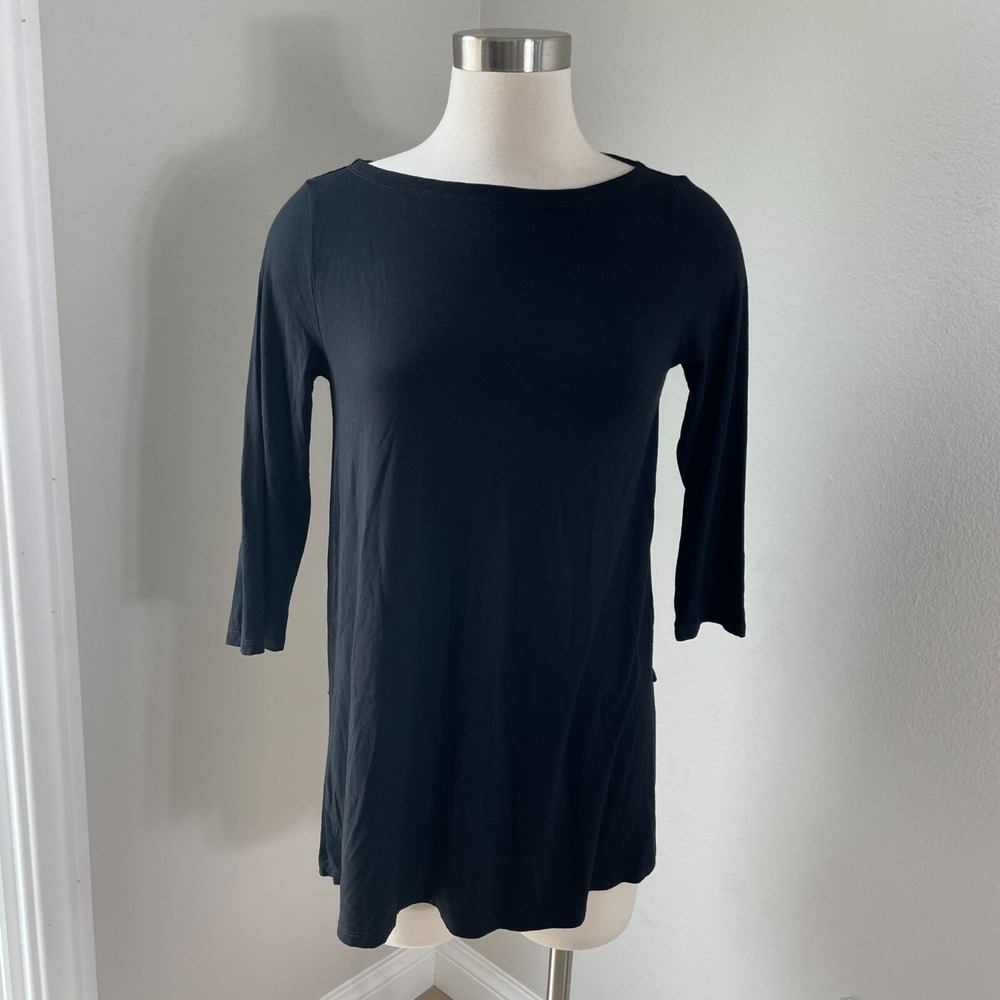 Eileen‎ Fisher Womens XS Black 3/4 Sleeve Tunic Top Viscose Blend Stretch Shirt